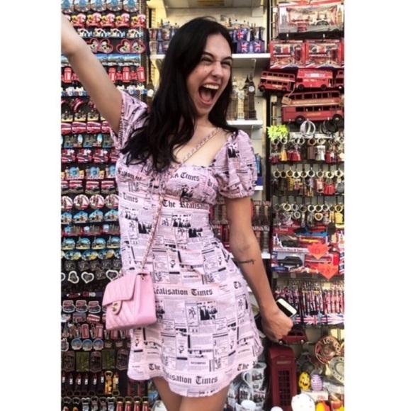 newspaper dress pink John Galliano Silk Gazette Newspaper News Face Cocktail Evening Pink Rose Vintage Small Medium 90s Midi Dress